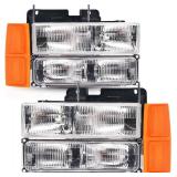 Headlights Assembly for 1994 1995 1996 1997 1998 Chevy Silverado Tahoe Suburban C/K 1500 2500 3500 Replacement Headlamp w/Bumper Lights