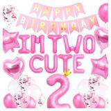 41 PCS Im Two Cute Birthday Decoration Girl Im Two Cute Balloon Pink Number 2 Balloons Girl 2nd Birthday Decoration
