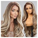 KOME Ash Blonde Synthetic Lace Front Wig,13x6 Blonde mix Brown HD Lace Glueless Wig for Women Daily Use 28IN TT6/107
