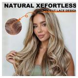 KOME Ash Blonde Synthetic Lace Front Wig,13x6 Blonde mix Brown HD Lace Glueless Wig for Women Daily Use 28IN TT6/107