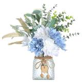 Faux Flowers with Vase,Artificial Silk Flowers in Vase, Fake Plant Eucalyptus and Willow,Flower Arrangement for Home Farmhouse Dining Table Centerpiece Decorations Coffee Table Decor (Dusty Blue)