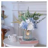 Faux Flowers with Vase,Artificial Silk Flowers in Vase, Fake Plant Eucalyptus and Willow,Flower Arrangement for Home Farmhouse Dining Table Centerpiece Decorations Coffee Table Decor (Dusty Blue)