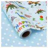 ZINTBIAL Dinosaur Reversible Wrapping Paper Roll - Boys & Girls Birthday Gift Wrapping Paper - 17 Inch x 33 Feet - Great for Baby Shower, Kids Party - Blue Dinosaur Design with White Polka Dots Back