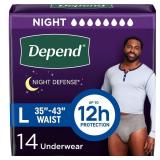 Depend Night Defense Adult Diapers, Incontinence Underwear for Men, Disposable, Overnight, Large, Grey, 14 Count, Packaging May Vary