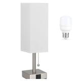 White Small Lamp for Bedroom - 3 Color Temperature 3000K 5000K 4000K Bedside Lamp, Pull Chain Control, USB A and C Charging Ports, Silver Base, for Kids Office Dorm nightstand, Bulb Included