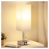 White Small Lamp for Bedroom - 3 Color Temperature 3000K 5000K 4000K Bedside Lamp, Pull Chain Control, USB A and C Charging Ports, Silver Base, for Kids Office Dorm nightstand, Bulb Included