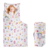 Fainsy Toddler Nap Mat with Pillow and Blanket, 100% Cotton Fabric, Padded Sleeping mat, for Daycare Preschool Pre-k, Kids Boys Girls Extra Long (Princess Castle)
