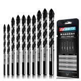 10-Piece Masonry Drill Bit Set for Concrete Tile Glass Ceramic Brick,1/8 to 1/2 Inch Drilling Bits with Triangle Handle,Tungsten Steel Alloy Tip. Black