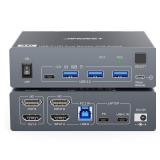 Dual Monitor KVM Switch for Laptop & Desktop 4K@60Hz, USB C and HDMI KVM Switch 2 Monitors 2 Computers with 4 USB 3.0 Port for Keyboard Mouse, 80W PD Charging, with Wired Remote and USB C Cable