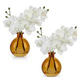 White Orchids Artificial Flowers Faux Orchid Arrangement with Amber Glass Vase Set of 2 Real Touch Phalaenopsis Orchid Flowers Orchid Centerpiece for Dining Room Table