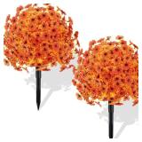 2 Pack Artificial Boxwood Topiary Ball Trees with Fall Mums Flowers 23 UV Resistant Fake Greenery Shrubs with Spikes for Outdoors Faux Bushes Plants for Front Porch Garden Patio Thanksgiving Decor