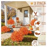 2 Pack Artificial Boxwood Topiary Ball Trees with Fall Mums Flowers 23 UV Resistant Fake Greenery Shrubs with Spikes for Outdoors Faux Bushes Plants for Front Porch Garden Patio Thanksgiving Decor