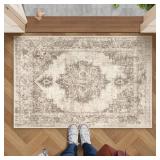 Area Rug 2x3 Vintage Rug: Small Washable Indoor Medallion Entryway Rug Low Pile Distressed Floor Carpet Retro Accent Doormat for Bedroom Bathroom Hallway Kitchen Home Office(Taupe, 2