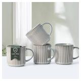 MONITO 16Oz Coffee Mugs Set of 4, Rustic Ceramic Coffee Cups Set with Large Handle, Vintage Striped Stoneware Coffee Mugs for Latte, Cocoa, Tea, Milk,  Microwave & Dishwasher Safe, Smoky Blue