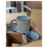 MONITO 16Oz Coffee Mugs Set of 4, Rustic Ceramic Coffee Cups Set with Large Handle, Vintage Striped Stoneware Coffee Mugs for Latte, Cocoa, Tea, Milk,  Microwave & Dishwasher Safe, Smoky Blue