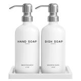 White Glass Hand and Dish Soap Dispenser Set by Brighter Barns - Kitchen Soap Dispenser Set with Tray & Pump for Office, Hotel, Vacation Rental, Airbnb - Modern Kitchen Decor & Accessories (White)