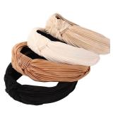 Drnytunk 4 Pack Knotted Wide Headbands for Women Girls Cute Head Wrap in Solid Color Non-slip Hair Accessories for Daily Festival Gifts(Black White Khaki Coffee)