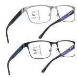 SKYOAK 2 Pack Refined Progressive Multifocus Reading Glasses Men Blue Light Blocking Readers Metal Frame Spring Hinge (Black+Gunmetal, 2.0)
