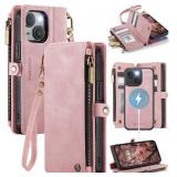 Defencase for iPhone 15 Plus Magnetic Wallet Case Compatible with Magsafe with RFID Blocking Zipper Strap Card Holder for Women Men, PU Leather Detachable Case for iPhone 15 Plus (6.7 inch), Rose Pink