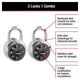 Master Lock Black Gym Locker Lock Combination Padlock, Indoor Combo Lock with Preset 3-Digit Code for Cabinets, Storage, 2 Pack, 1500T