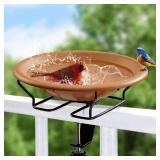 Jealoeur Bird Bath Deck Mounted 12 Inches, Deck Adjustable Steel Clamp 3.5 Inches, Balcony Railing Birdbaths Unheated(Brown)
