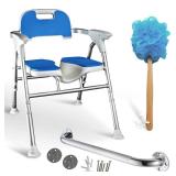 FACTORY SEALED - Foldable Shower Chair for Elderly & Disabled Adjustable Height, Soft Cushion Seat, 16-Inch Steel Grab Bar & Loofah, Supports Up to 350 lbs, FSA/HSA Eligible for Safe & Comfortable Bat