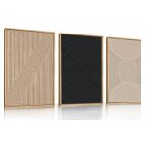 FACTORY SEALED - Ausril 3 Pcs Neutral Abstract Framed Wall Art, Mid Century Modern Canvas Wall Decor, Boho Geometric Line Wall Painting, Beige Minimalist Textured Art Print for Living Room Bedroom Off