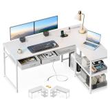 FACTORY SEALED - AODK 53 Inch L Shaped Computer Desk with Drawers, Corner Desk with Power Outlets & Reversible Storage Shelves, Movable CPU Stand for Home Office Gaming, White  - Retail: $130