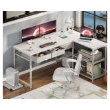FACTORY SEALED - AODK 53 Inch L Shaped Computer Desk with Drawers, Corner Desk with Power Outlets & Reversible Storage Shelves, Movable CPU Stand for Home Office Gaming, White  - Retail: $130