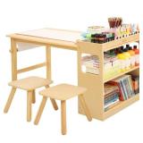 FACTORY SEALED - Bateso Kids Art Table and 2 Chairs Set with Roll Paper & Storage, Wooden Kid Craft Table for Drawing, Learning and Reading, Toddler Activity Play Desk for Home, Playroom or Classroom 