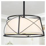 NZZDYI 15.7 Black Drum Chandelier,3-Light Modern Farmhouse Chandelier,White Fabric Drum Shade Pendant Light Fixture for Dining Room Kitchen Island Bedroom Entryway  - Retail: $110