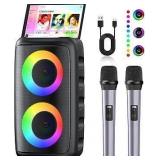 Karaoke Machine, Portable Bluetooth Speaker, PA Speaker with 2 Wireless Karaoke Microphones, Karaoke Machine for Adults Kids with Upgraded Subwoofer, Support TWS/TF/USB/AUX for Home Party Outdoor