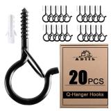 ADIIL 20 PCS Q Hanger Hooks with Safety Buckle, Windproof Screw Hooks for Hanging Outdoor String Lights, Plants, Christmas Patio Lights, 2.2 Inches, Black