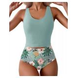 Large Eomenie Two Piece Tankini Swimsuits for Women Tummy Control Bathing Suits Cutout Back Swim Tank Top with High Waisted Bottom Green Floral