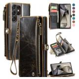Defencase Compatible with Samsung Galaxy S23 Ultra Case Wallet with RFID Blocking Card Holder for Women Men, PU Leather Magnetic Snap Flip Zipper Strap Phone Case Fit for Galaxy S23 Ultra 5G, Coffee