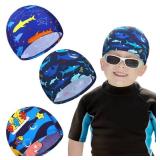 Geyoga Kids Swim Caps 3 Pieces Bathing Swimming Hats Unisex Polyester Bathing Pool Cap Summer Swim Caps for Boys Girls Long Short Hair(Shark, Dolphin)