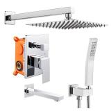 OUGOO Rainfall Shower System with Tub Spout, 10 inch Rain Shower and Handheld, Shower Faucet Set Complete Rough-in Valve and Trim Kit Included, Chrome