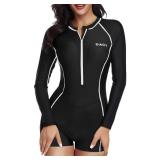 Daci Women Long Sleeve Rash Guard One Piece Boyleg Swimsuit Zipper Surfing Bathing Suit UPF 50+ Black White S