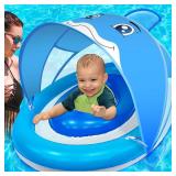 ââAMENON Dolphin Inflatable Baby Pool Float for Toddlers 6-36 Months with UPF50+ 4 Stage Adjustable Sun Canopy, Non-Flip Safety Seat, Dual Air Chambers, Infant Swim Training Float for Pool