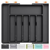 Lifewit Large Silverware Drawer Organizer, Expandable Utensil Tray for Kitchen, BPA Free Flatware and Cutlery Holder, Adjustable Plastic Storage for Spoons Forks Knives, Large, Black