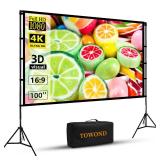 TOWOND Projector Screen with Stand, 100 inch Outdoor Projector Screen Portable Indoor Projection Screen 16:9 4K Rear Front Movie Screen with Carry Bag for Home Backyard Theater