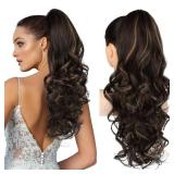 REECHO Ponytail Extension, 24\" Claw Clip in Long Curly Wavy Ponytail Hair Extension Jaw Clip on Pony Tails Hairpiece for Women - Dark Chocolate Brown with Highlights