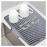 TIKNIK Silicone Dish Drying Mat for Kitchen Counter, Dish Drying Pad, Non-Slip Drain Pad with Built-in Drain, Heat Resistant Stone Drying Mat(15.8\" x 13\", Grey)