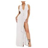 Sexy Club Dresses for Women 2024 Button Down Collar V Neck Belted Bodycon Thigh Split Maxi Club Party Dresses White Large