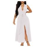 Sexy Club Dresses for Women 2024 Button Down Collar V Neck Belted Bodycon Thigh Split Maxi Club Party Dresses White Large