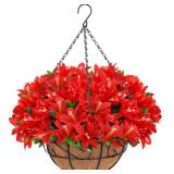 Ouddy Decor Artificial Hanging Flowers, Fake Silk Azalea Plants with Coconut Lining Hanging Baskets Outdoor for Spring Summer Yard Patio Front Porch Home Decorations, Red