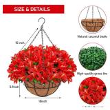 Ouddy Decor Artificial Hanging Flowers, Fake Silk Azalea Plants with Coconut Lining Hanging Baskets Outdoor for Spring Summer Yard Patio Front Porch Home Decorations, Red