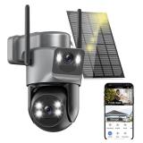 PRE OWNED 4K Solar Security Cameras Wireless Outdoor, 2.4G/5Ghz WiFi 6,Cameras for Home Security, Dual Lens Solar Camera with Auto Tracking, PIR Human Detection, 8MP Color Night Vision, Spotlight Sire