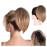 Claw Clip Ponytail Extension - 10 Inch Short Ponytail Extension, Straight Pony Tails Hair Extensions, Synthetic Hair Extensions Ponytail, Clip On Ponytails for Women (Light Brown with Golden Ends)