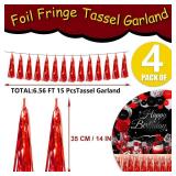 4P Red Foil Fringe Tassel Banner Garland Metallic Tinsel Streamers Wall Hanging Curtain Backdrop Banner for Parade Floats, 2024 Graduation Decorations, Wedding Party Decoration
